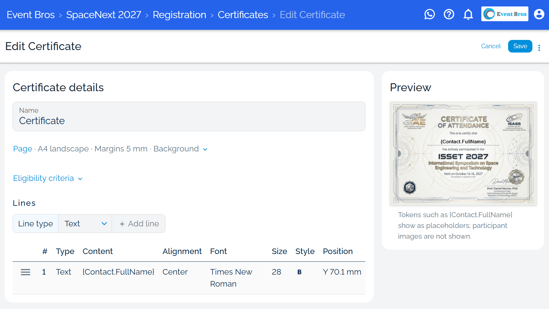 The Edit Certificate screen with page settings, eligibility criteria, a line list, and a live preview