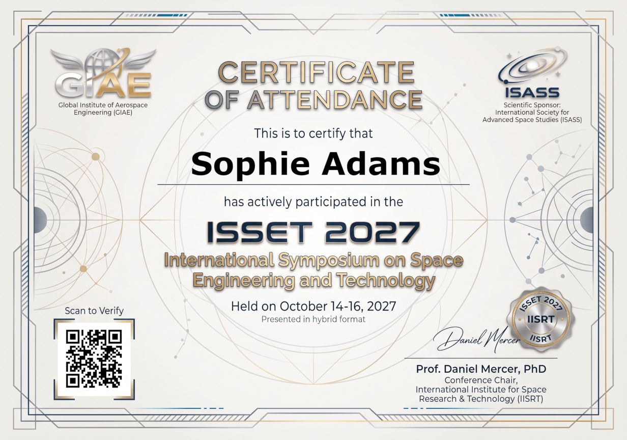 An example certificate of attendance with the participant's name, event details, a verification QR code, and a signature
