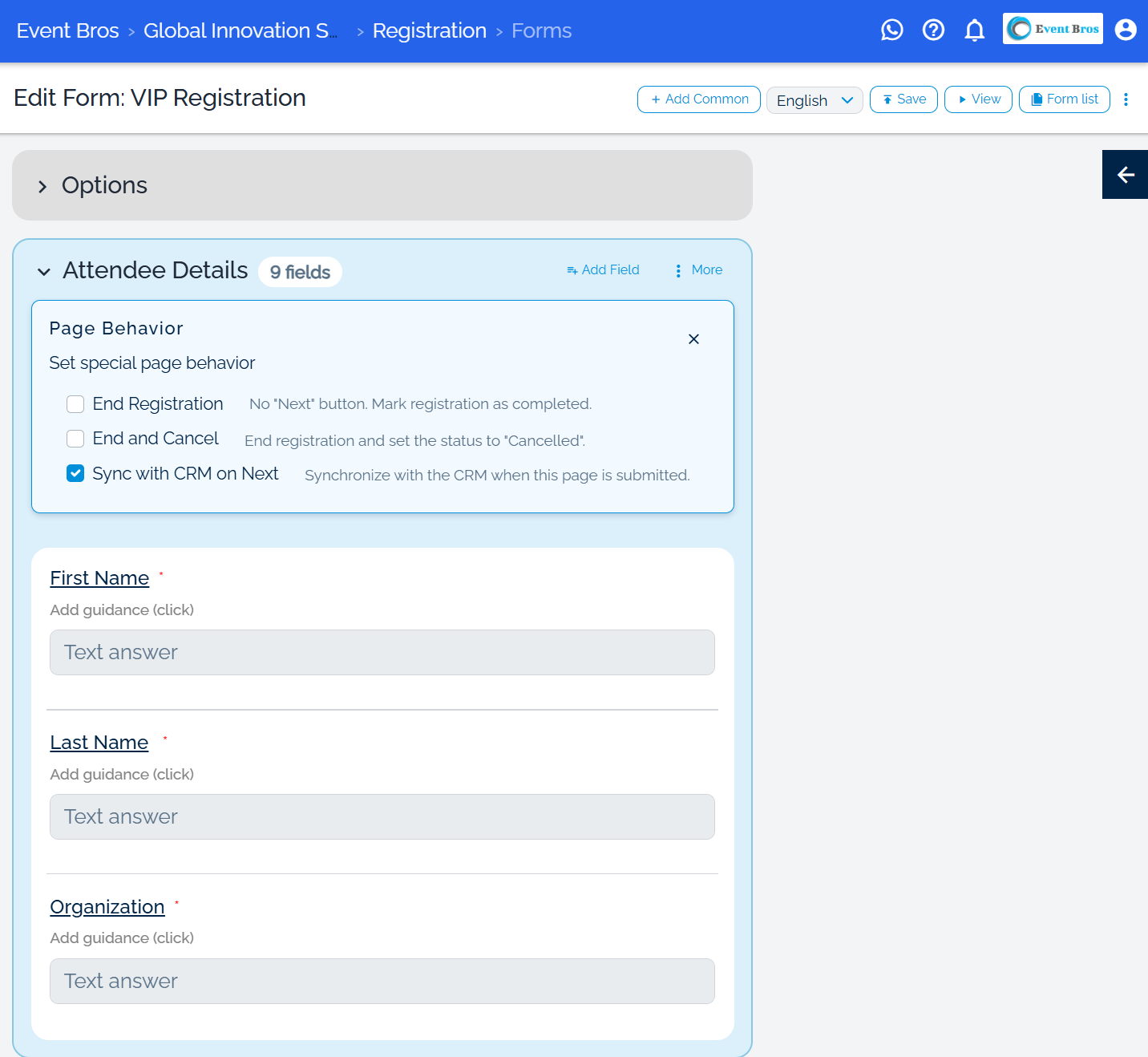 Page Behavior options in the form editor with Sync with CRM on Next selected