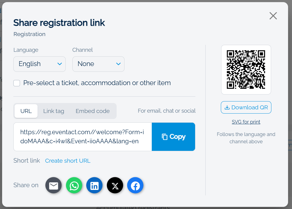 The Share registration link dialog in Eventact, with Language and Channel menus, the Pre-select a ticket, accommodation or other item option, URL, Link tag and Embed code tabs, a Copy button, a QR code, and Share on buttons