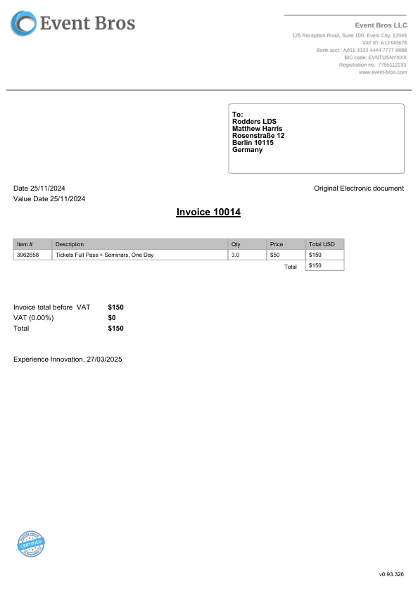 Example of an invoice from the system