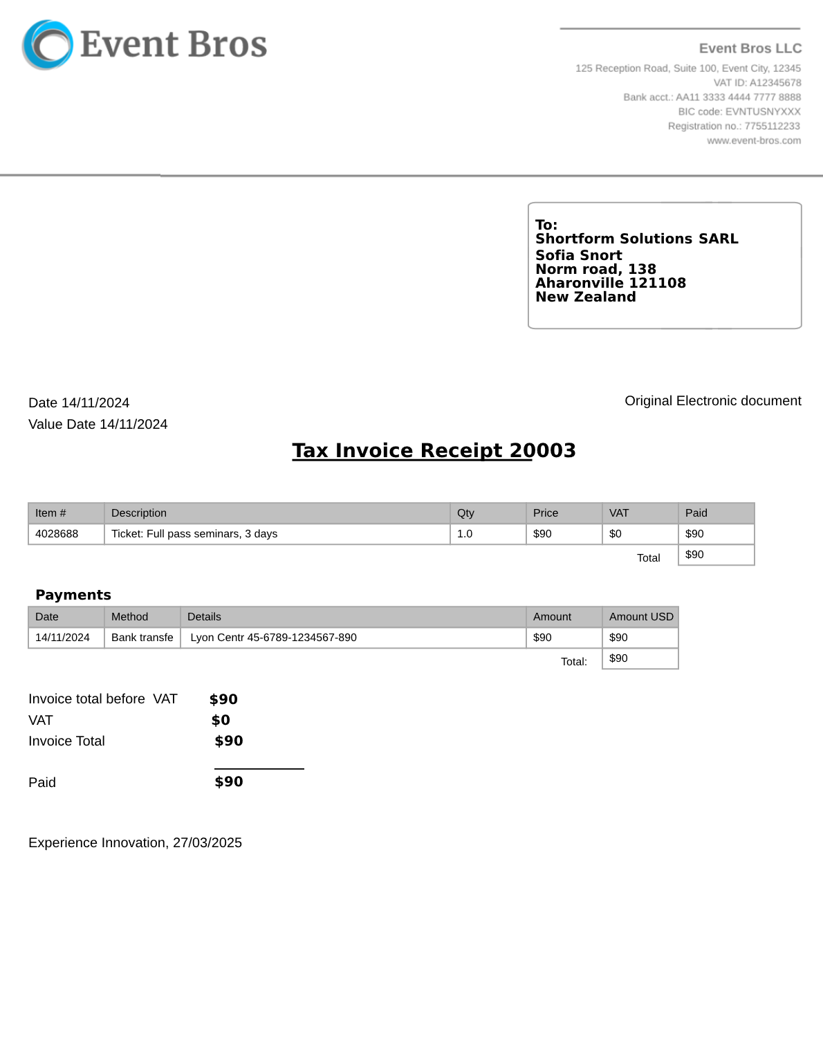 Example of an invoice from the system