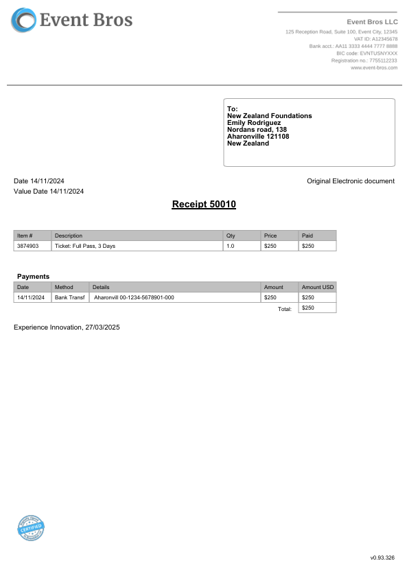 Example of an invoice from the system