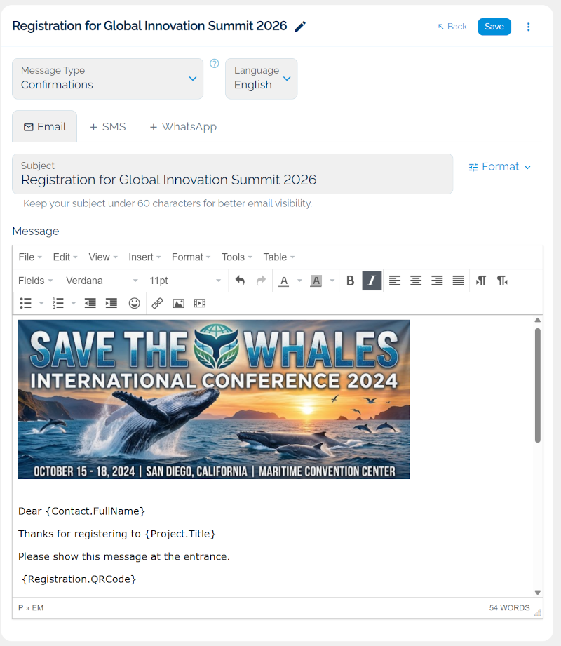 The Email tab of an Eventact message, with message type, language, and a rich HTML editor