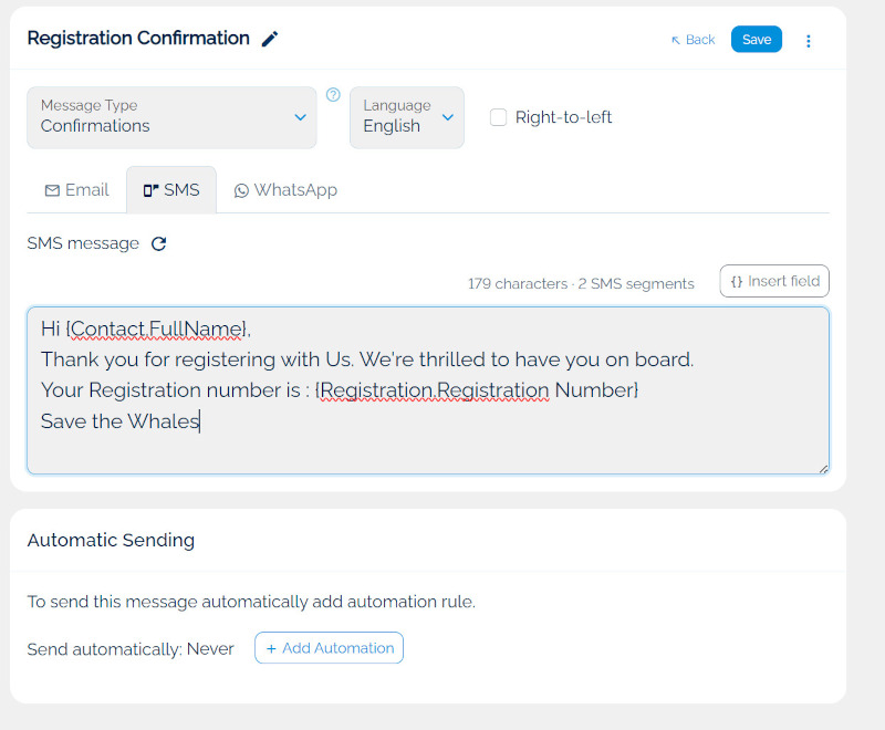 The SMS tab of an Eventact message showing a live character count and SMS segment count