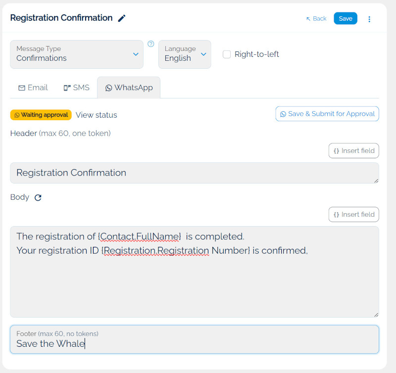 The WhatsApp tab of an Eventact message with a Waiting approval status badge and Header, Body, and Footer fields