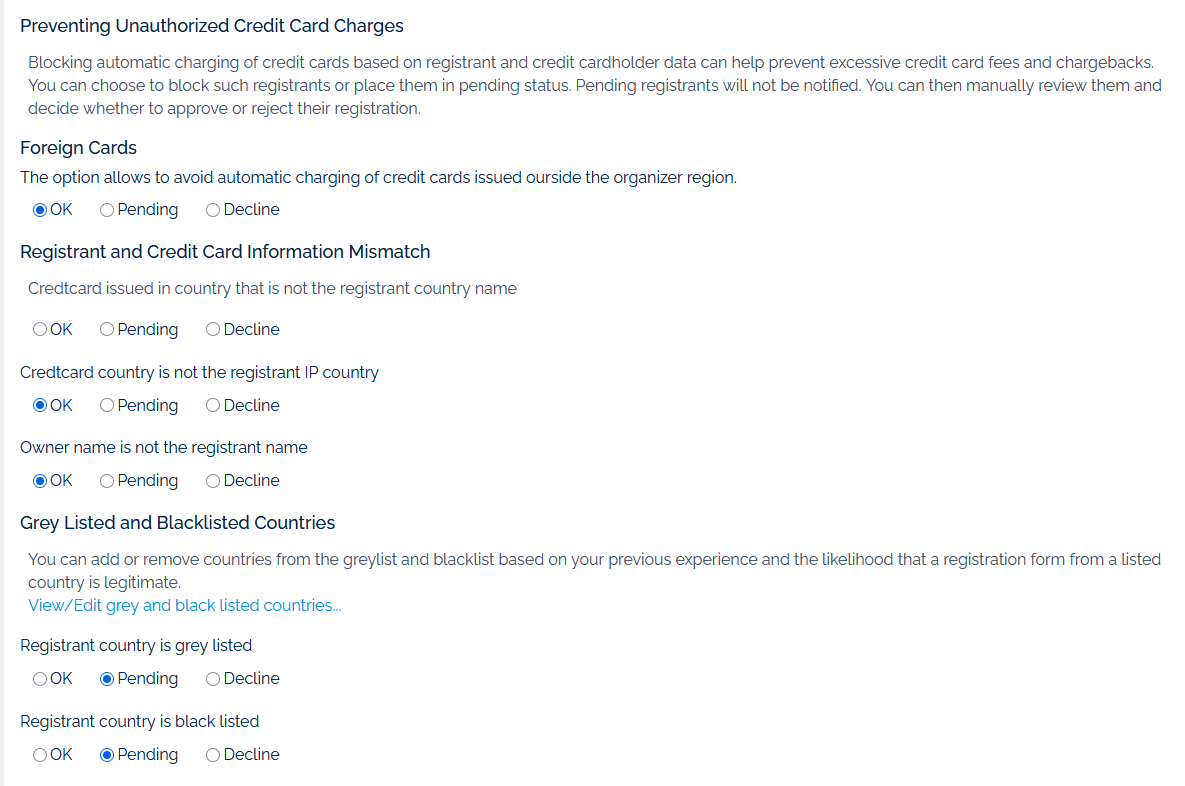 Settings for credit cards in Eventact