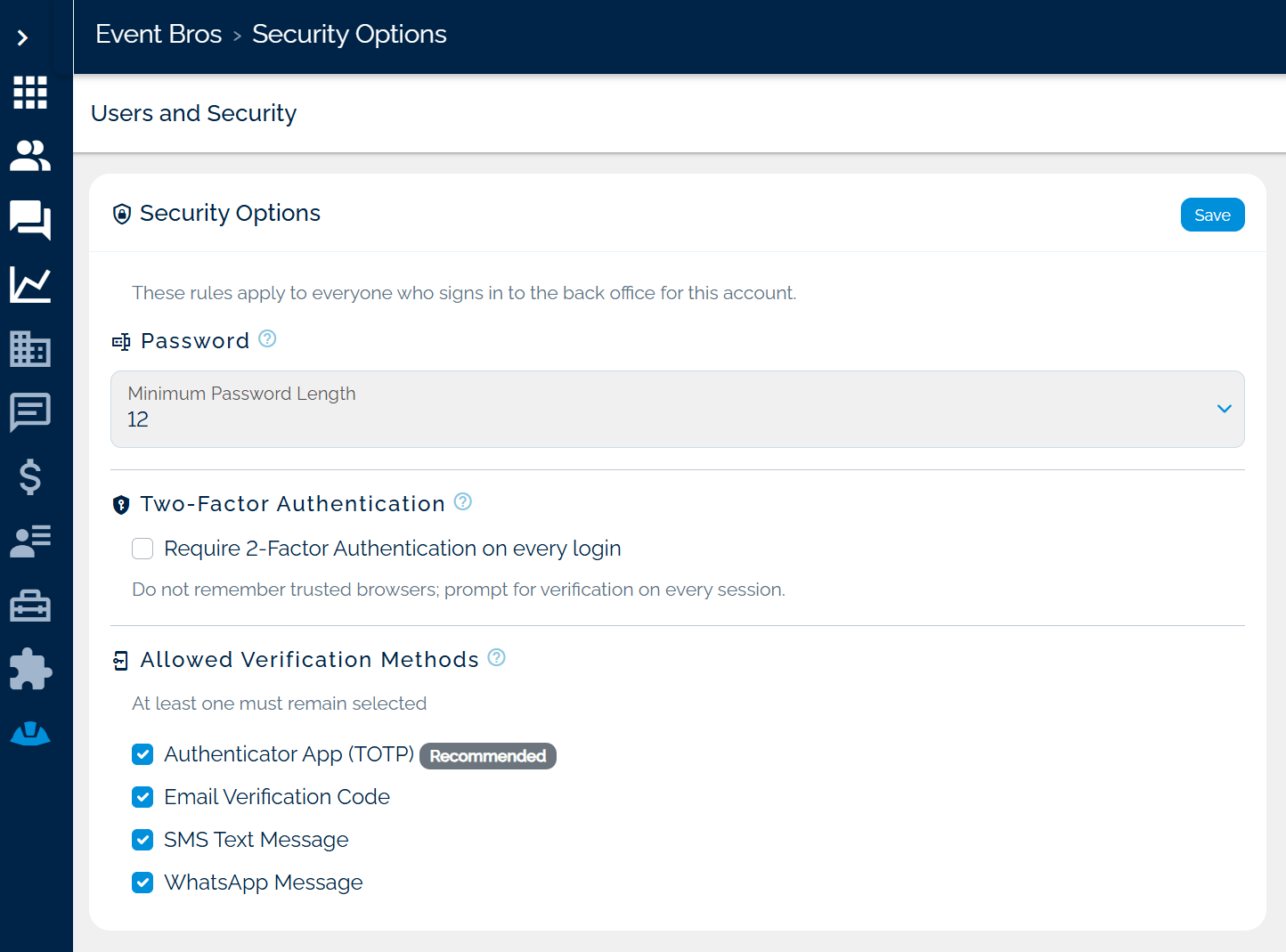Back-office security options in Eventact
